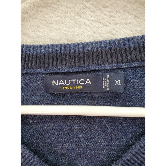 Nautica Sweater Mens XL Navy Knit Cotton Long Raglan Sleeve V Neck Logo Pullover - Picture 7 of 9